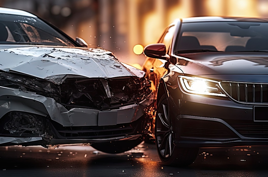 two cars that have been involved in an accident, with the car being hit by another car on the road