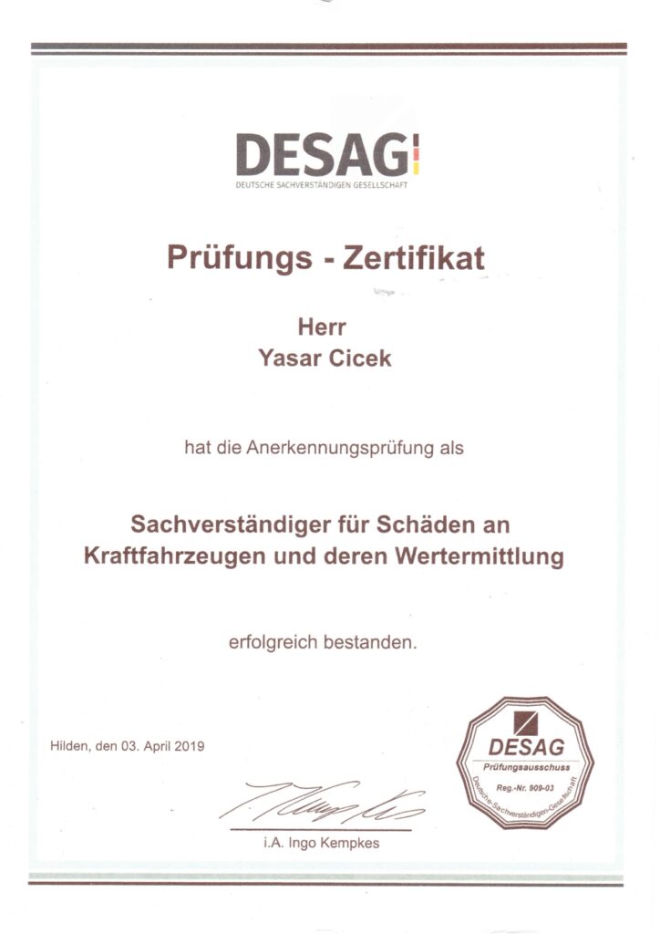 Zertifikat mit Prüfungsvermerk für Yasar Cicek und silberrotem DESAG Logo