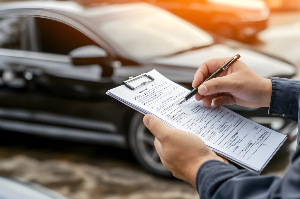Nahaufnahme eines Kfz-Gutachters, der eine Checkliste in der Hand hält